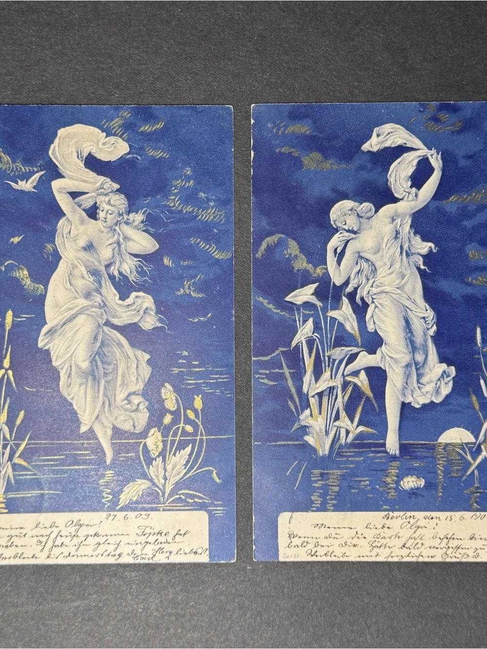 Pair of 1903 Blue Classical Nymph Postcards